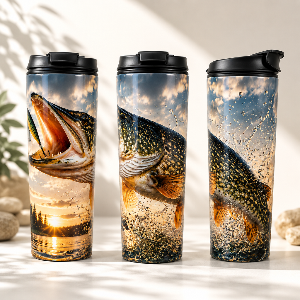 Tasse Isotherme Brochet en Action – Le Brochet en Cavale | 20 oz | Les Créations Mystika