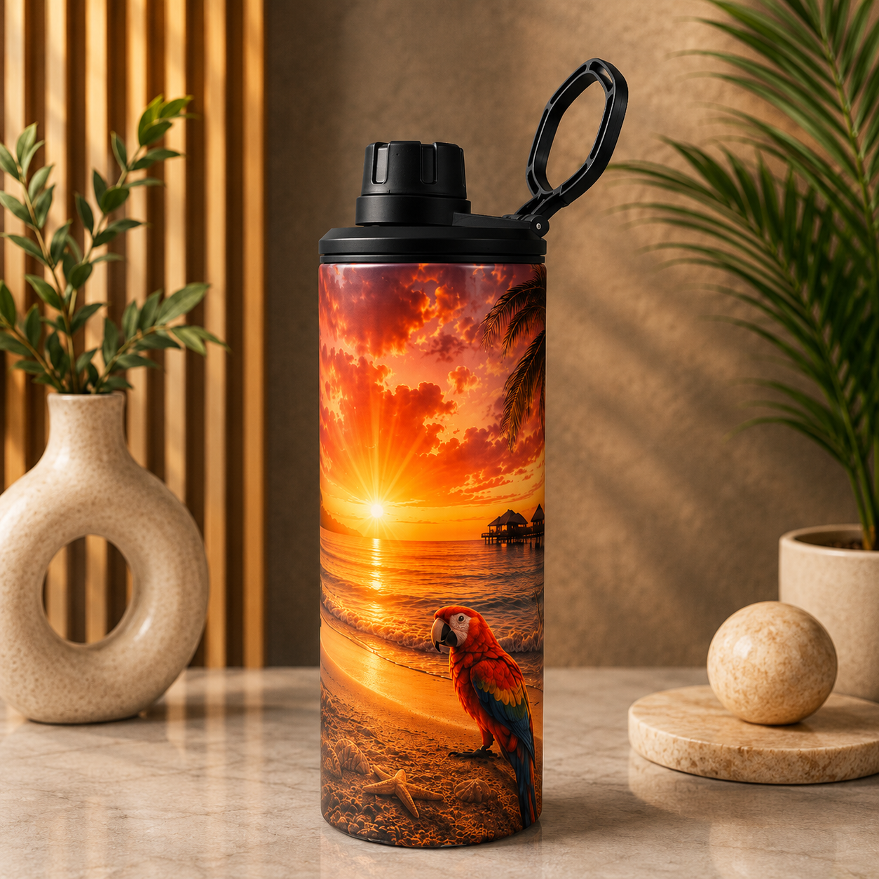 Tasse Isotherme La Plage Exotique Rosée – Coucher de Soleil Tropical 20 oz | Les Créations Mystika