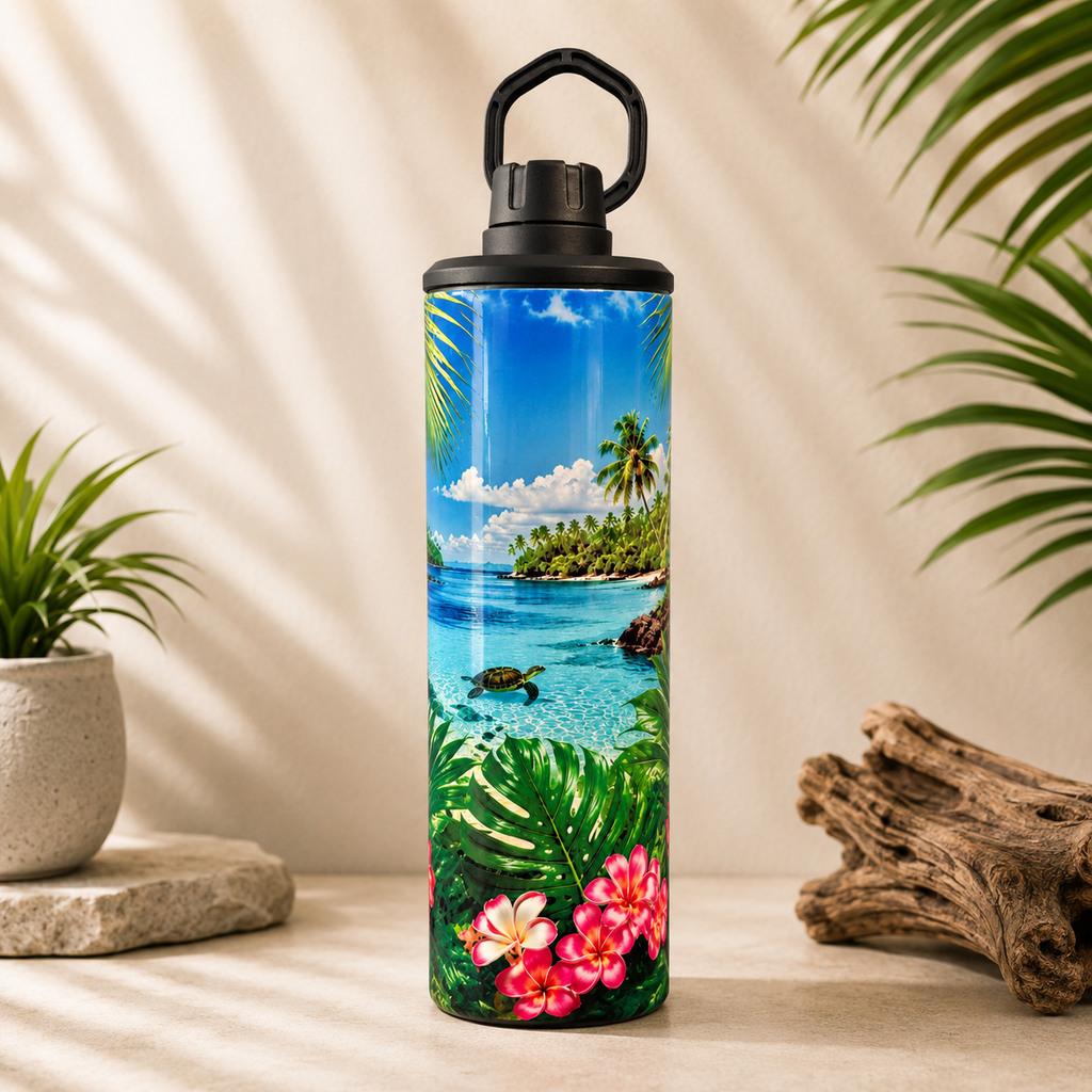 Tasse Isotherme La Tortue en Vacances – Évasion Tropicale et Lagon Turquoise 20 oz | Les Créations Mystika