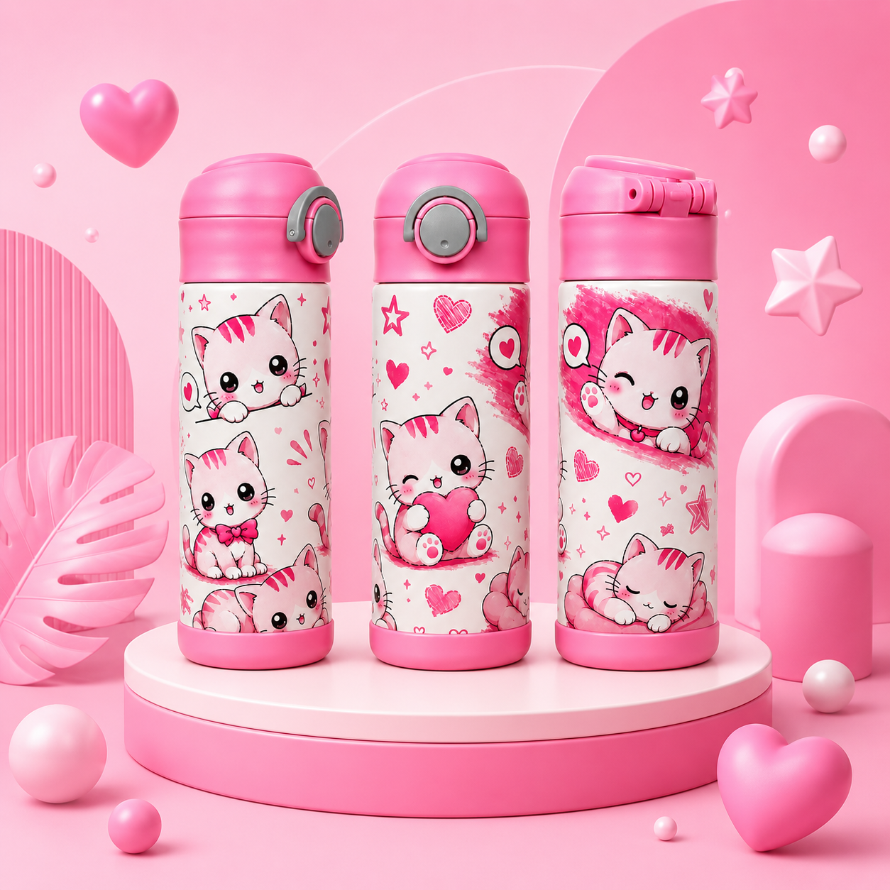 Bouteille Enfant Chats Kawaii 2 avec Paille – Colorée & Amusante | Les Créations Mystika