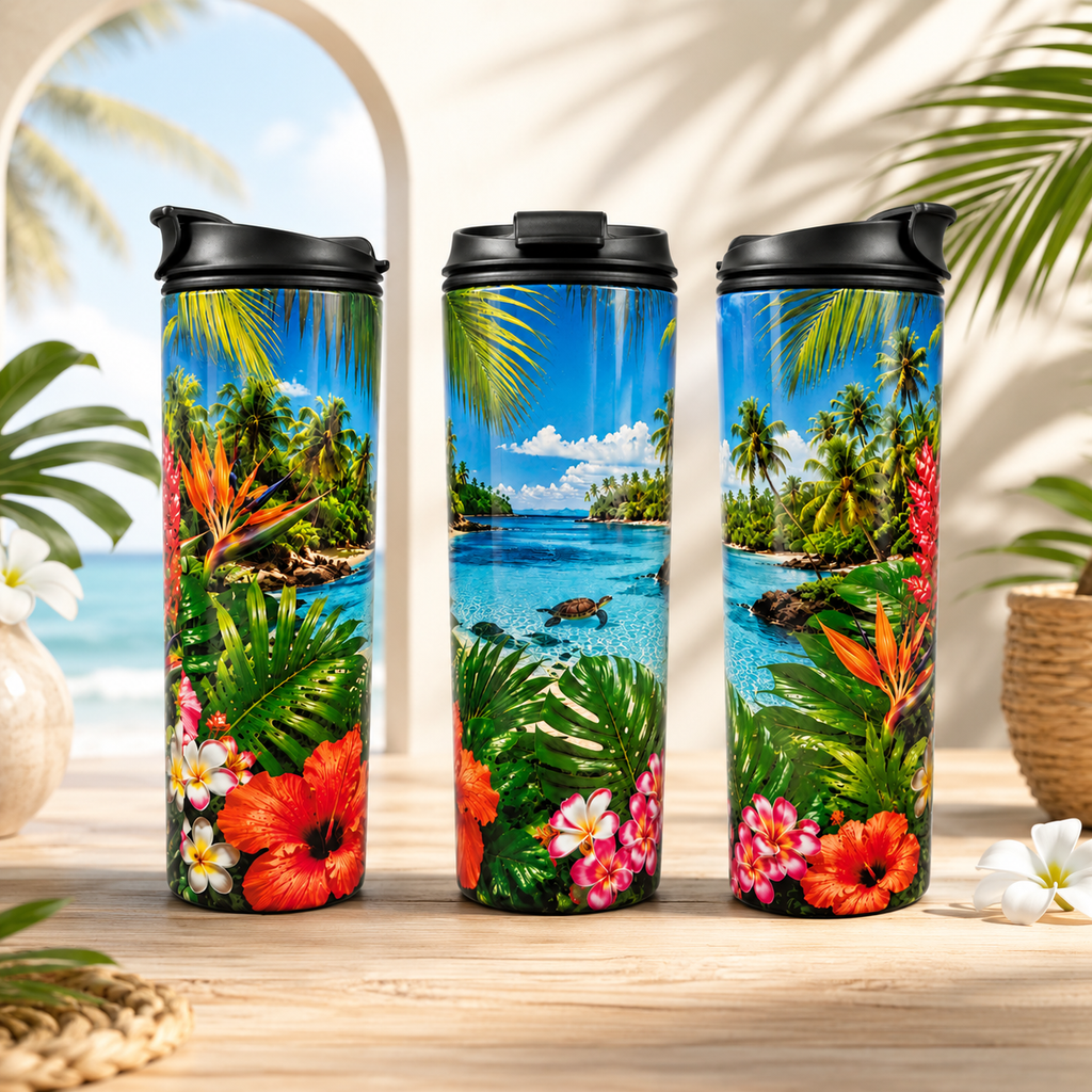 Tasse Isotherme La Tortue en Vacances – Évasion Tropicale et Lagon Turquoise 20 oz | Les Créations Mystika