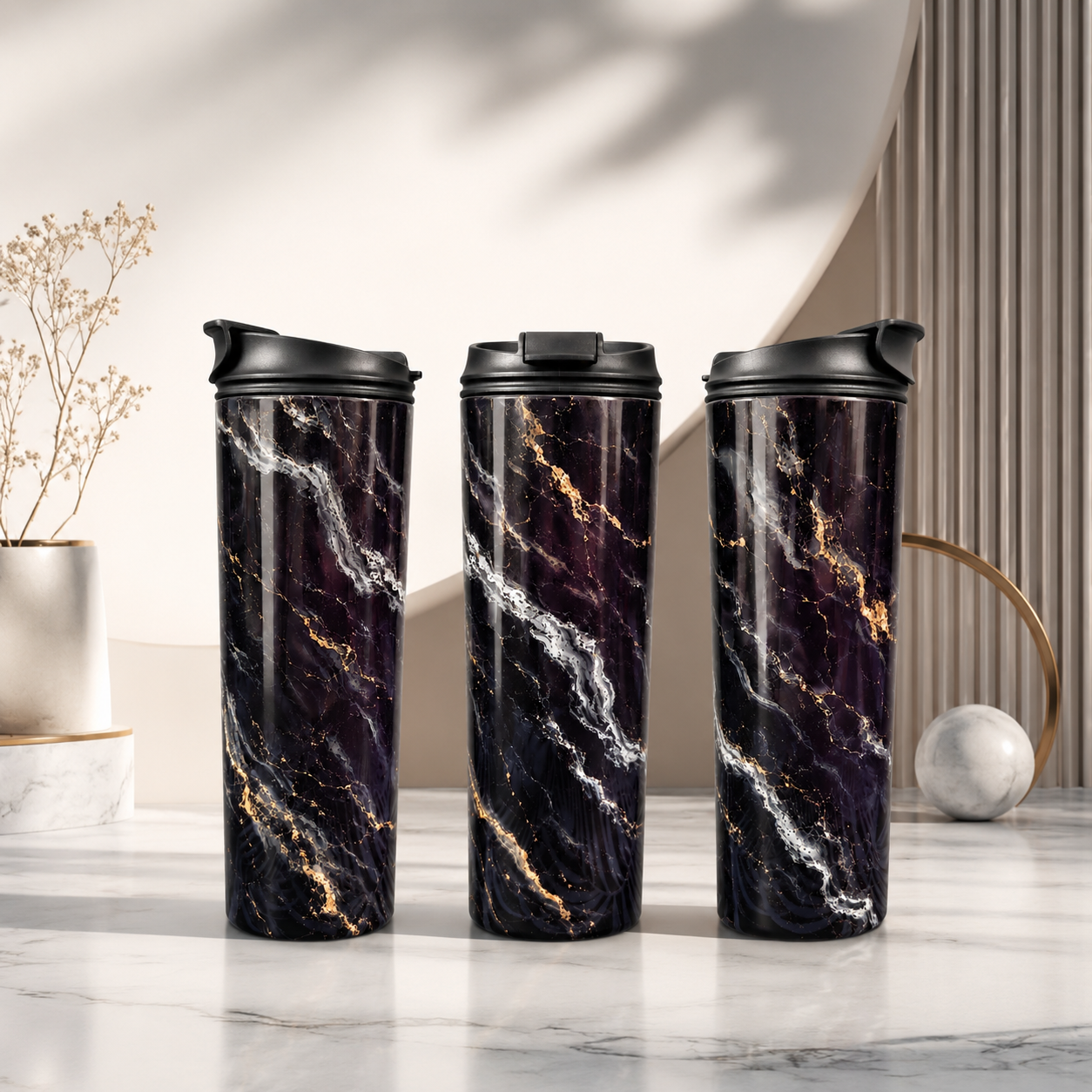 Tasse Isotherme Marbré Noir et Or – Le Marbré Noir et Or | 20 oz | Les Créations Mystika