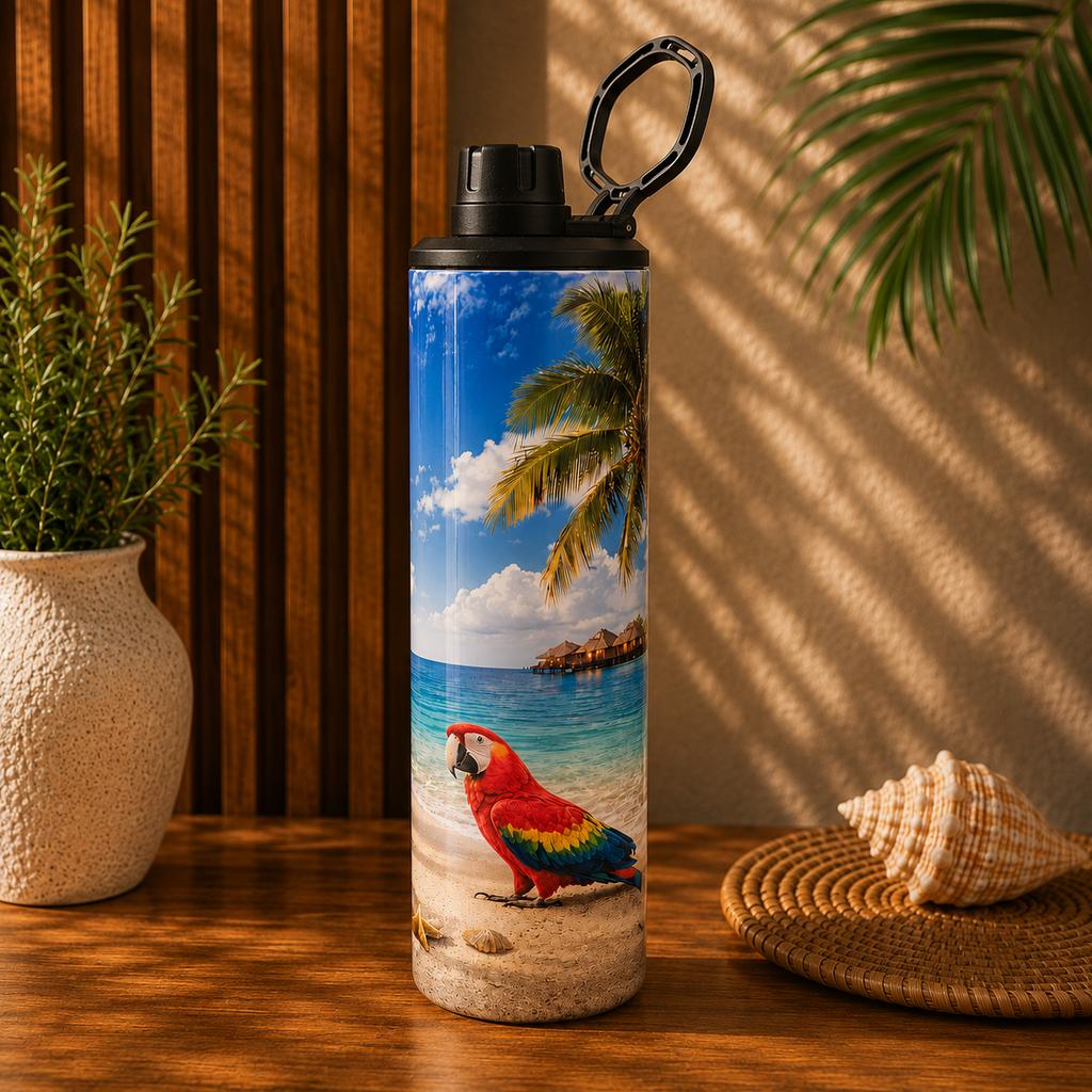 Tasse Isotherme La Plage Exotique Bleue – Oiseaux Tropicaux et Mer Turquoise 20 oz | Les Créations Mystika