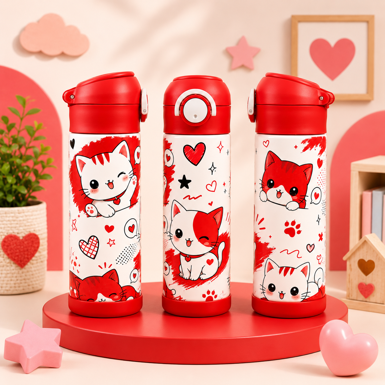 Bouteille Enfant Chats Kawaii 2 avec Paille – Colorée & Amusante | Les Créations Mystika
