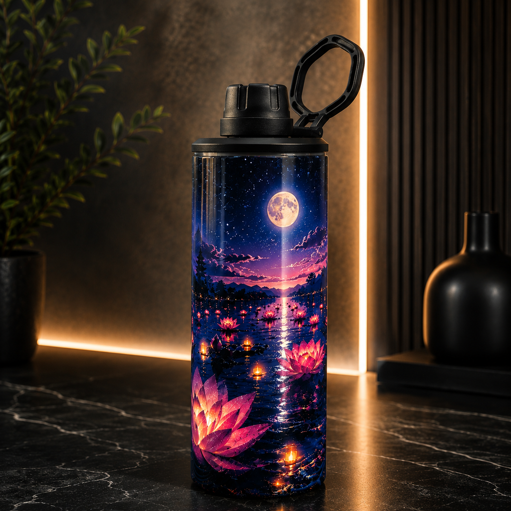 Tasse Isotherme Les Fleurs Enchantées roses et mauves – Fleurs Enchantées sous la Lune 20 oz | Les Créations Mystika