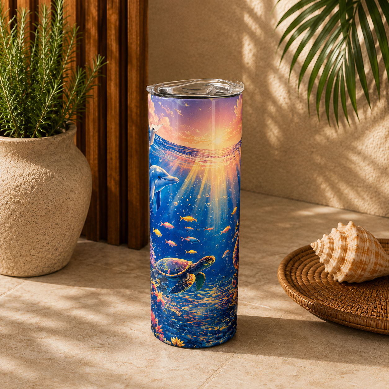 Tasse Isotherme Le Monde Marin Enchanté – Dauphins et Créatures des Profondeurs 20 oz | Les Créations Mystika