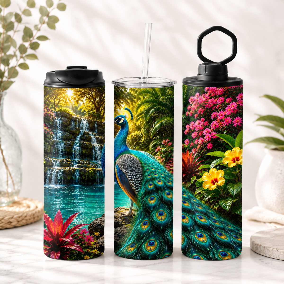 Tasse Isotherme Paon Tropical – 20 oz | Les Créations Mystika