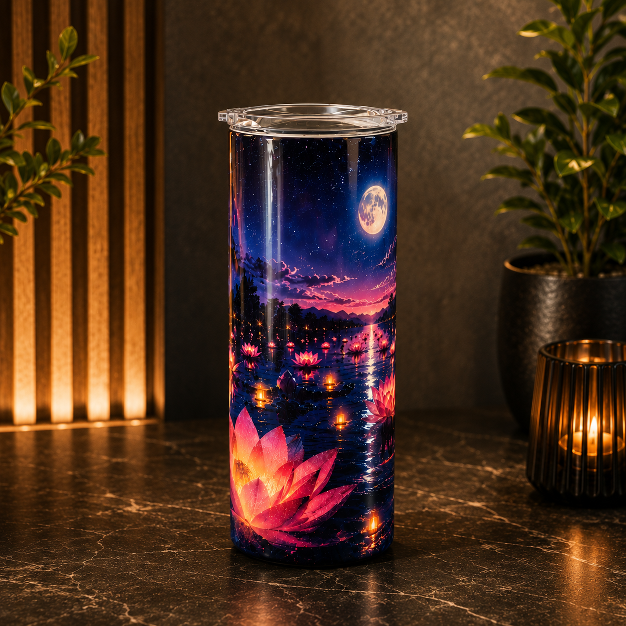 Tasse Isotherme Les Fleurs Enchantées roses et mauves – Fleurs Enchantées sous la Lune 20 oz | Les Créations Mystika