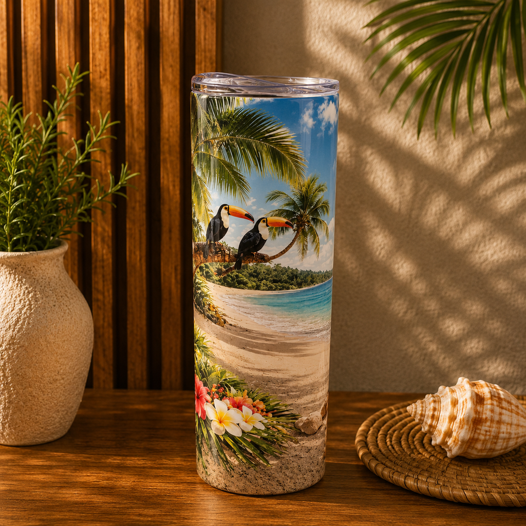 Tasse Isotherme La Plage Exotique Bleue – Oiseaux Tropicaux et Mer Turquoise 20 oz | Les Créations Mystika