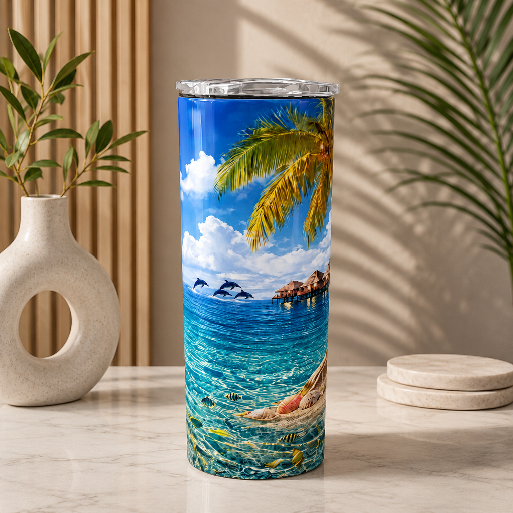 Tasse Isotherme Le Paradis Bleu – Plage Tropicale et Dauphins 20 oz | Les Créations Mystika