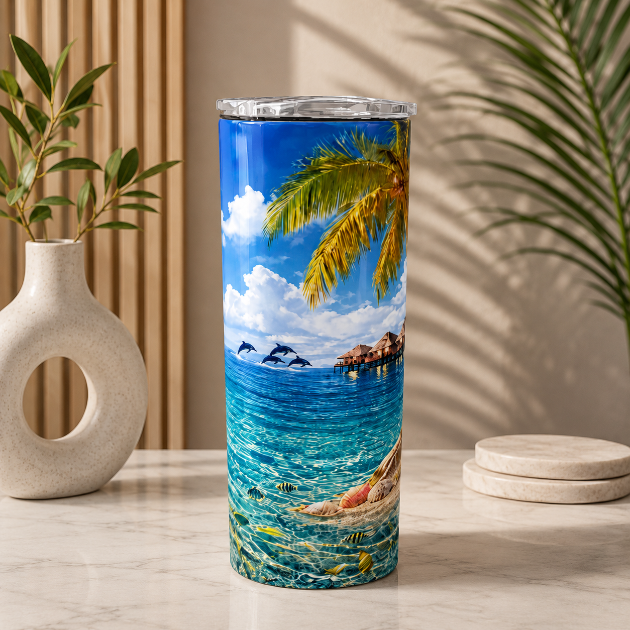 Tasse Isotherme Le Paradis Bleu – Plage Tropicale et Dauphins 20 oz | Les Créations Mystika