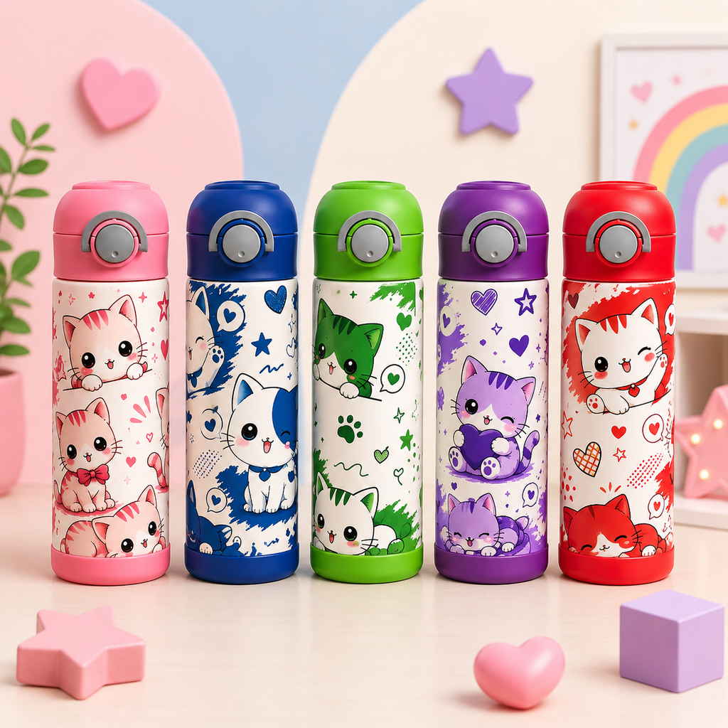 Bouteille Enfant Chats Kawaii 2 avec Paille – Colorée & Amusante | Les Créations Mystika