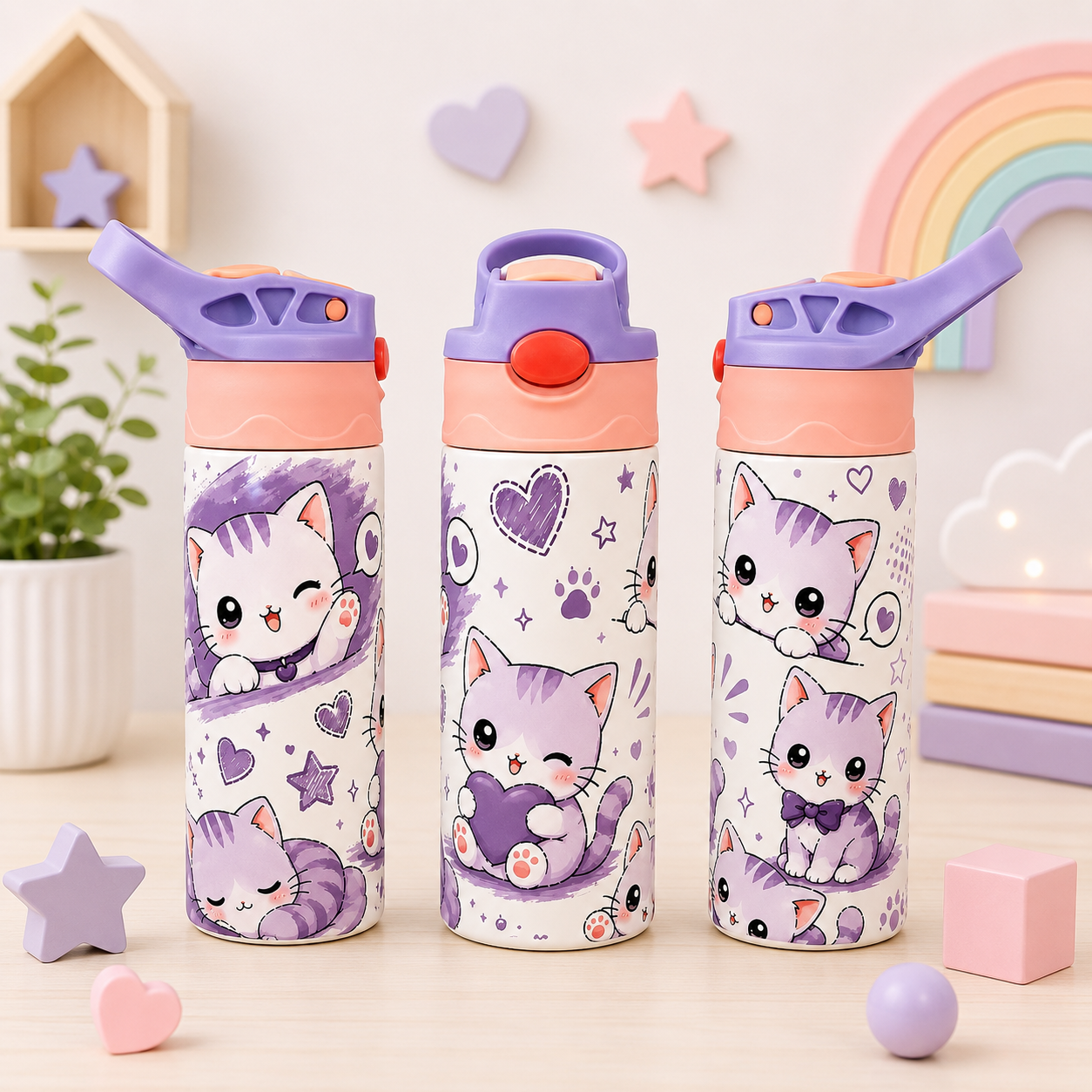 Bouteille Enfant Chats Kawaii – Adorable & Colorée | Les Créations Mystika