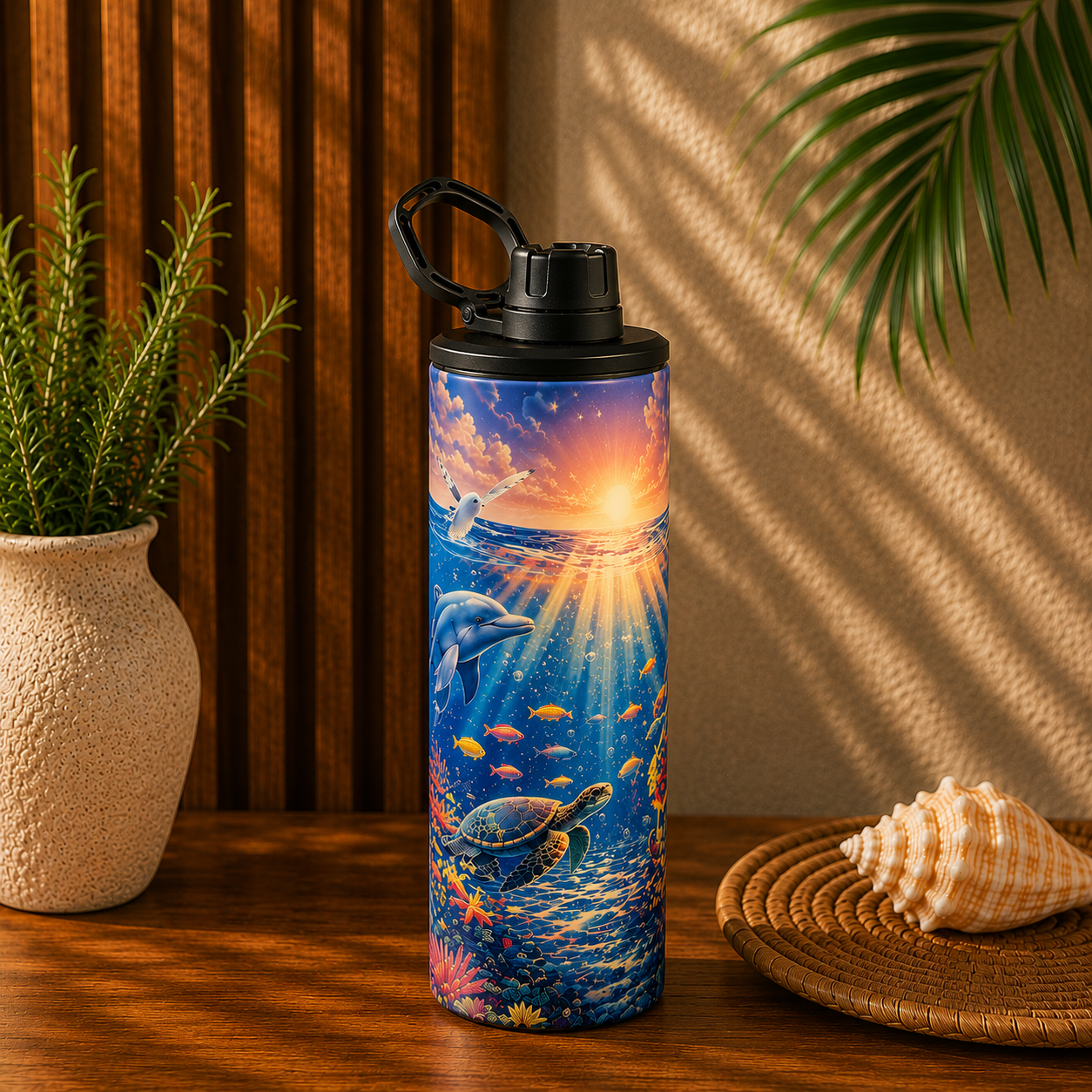 Tasse Isotherme Le Monde Marin Enchanté – Dauphins et Créatures des Profondeurs 20 oz | Les Créations Mystika