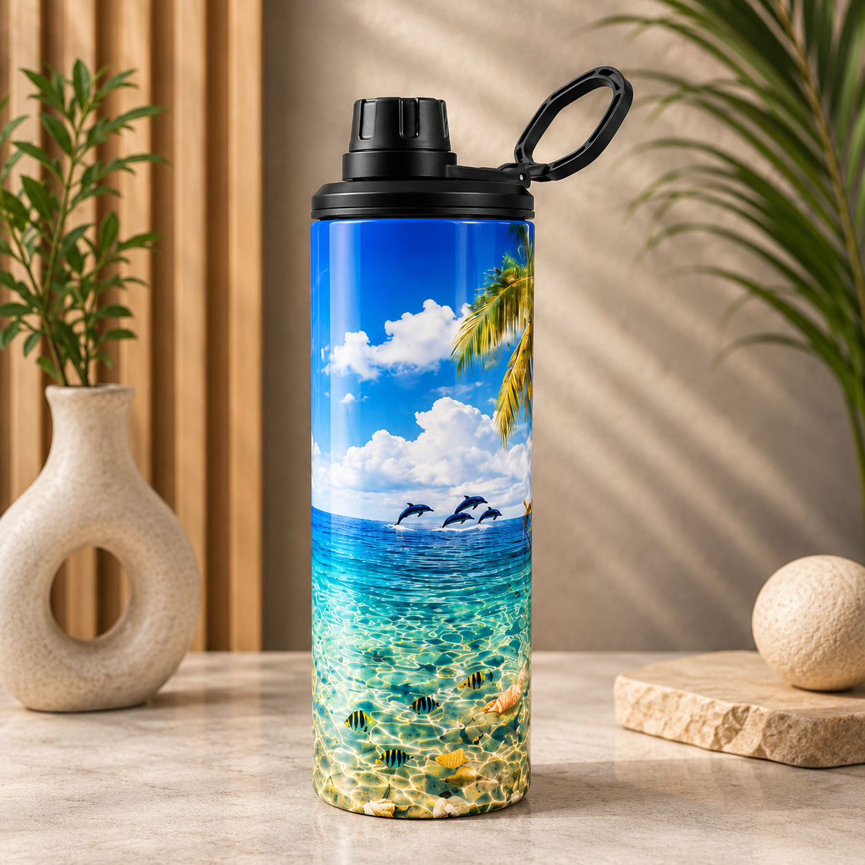 Tasse Isotherme Le Paradis Bleu – Plage Tropicale et Dauphins 20 oz | Les Créations Mystika