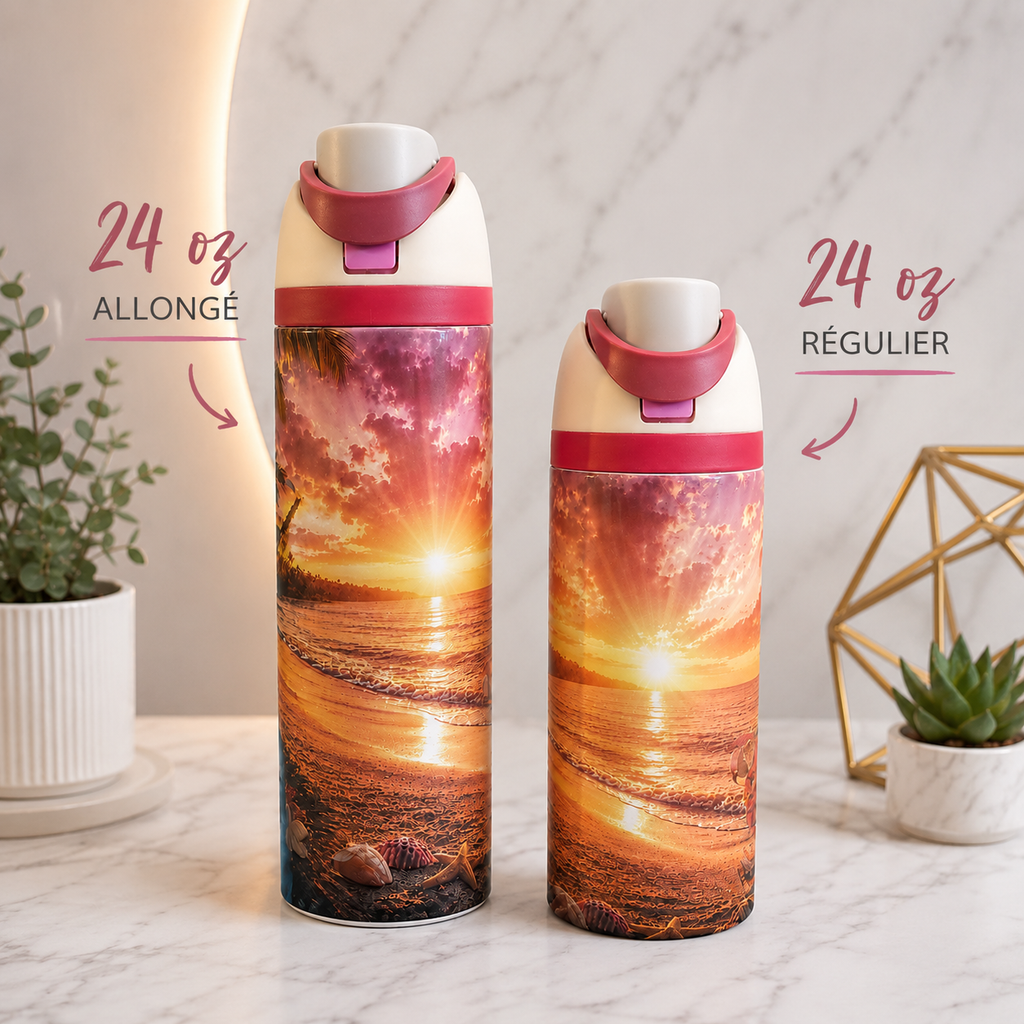 Bouteille Isotherme Paradis Tropical au Coucher du Soleil – La Plage Tropicale Rosée | Les Créations Mystika