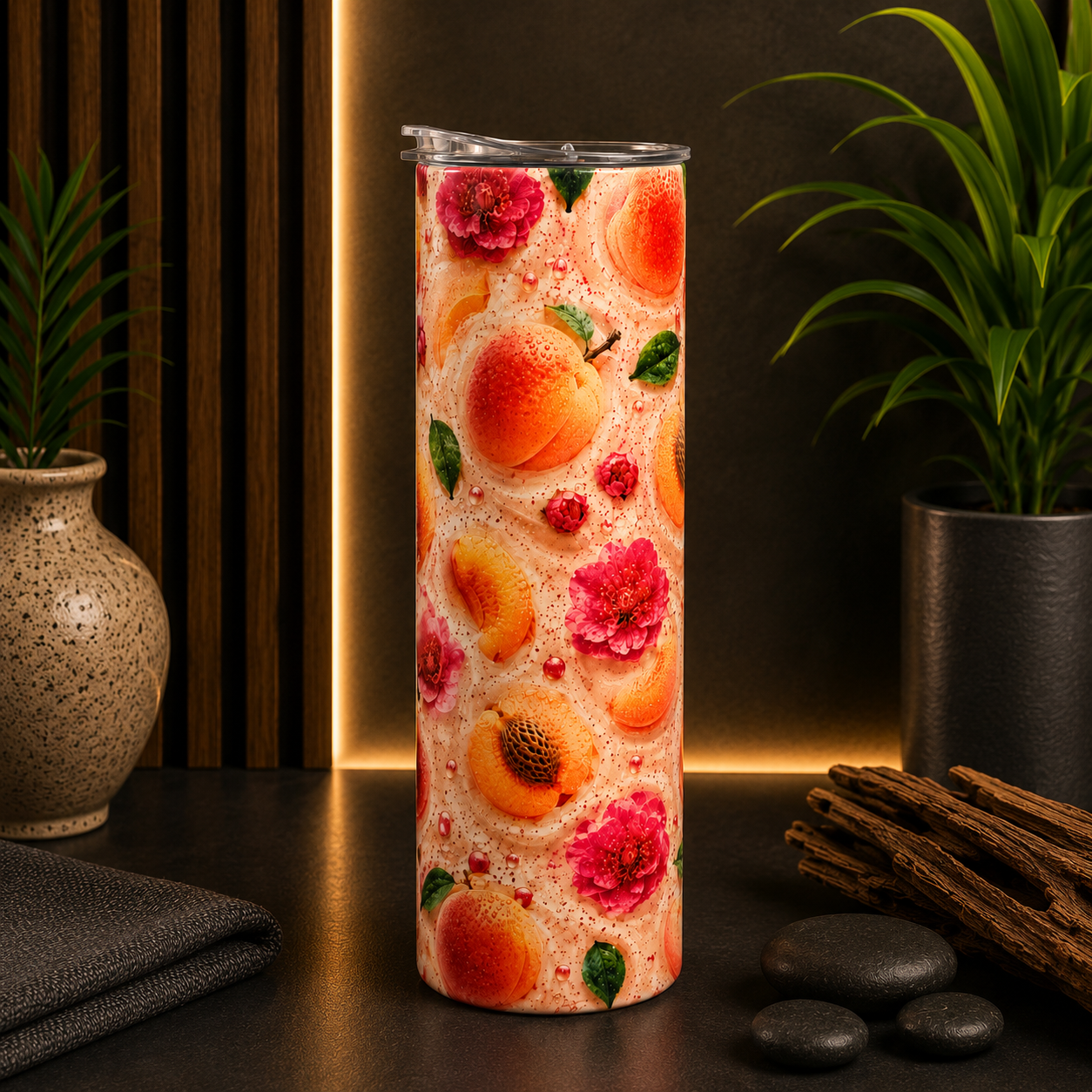 Tasse Isotherme Pêches et Fleurs d'Été – Pêche Crémeuse | 20 oz | Les Créations Mystika