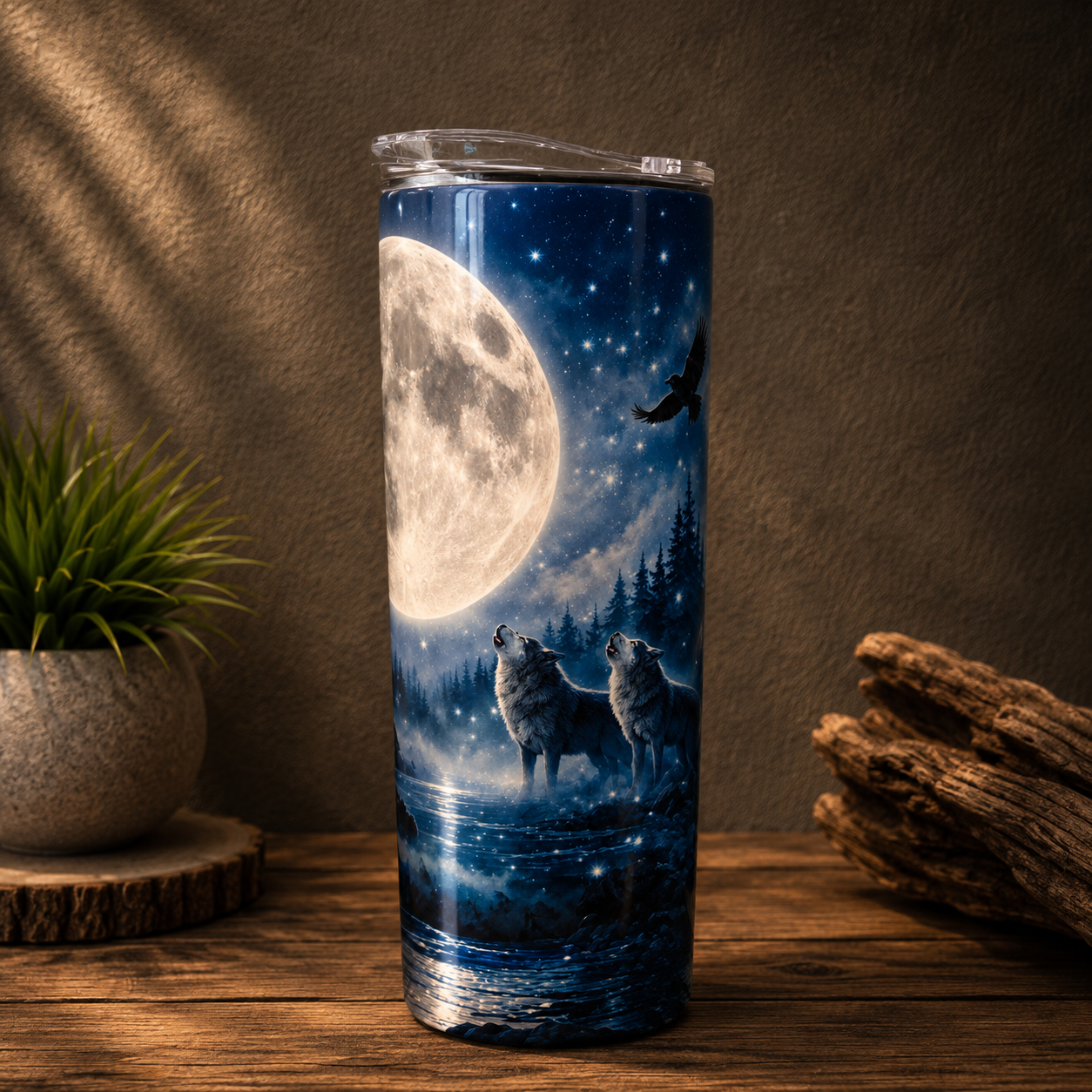 Tasse Isotherme Les Loups sous la Pleine Lune – Nuit Mystique 20 oz | Les Créations Mystika