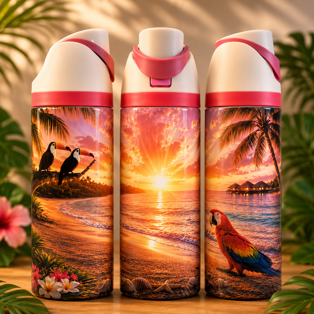 Bouteille Isotherme Paradis Tropical au Coucher du Soleil – La Plage Tropicale Rosée | Les Créations Mystika