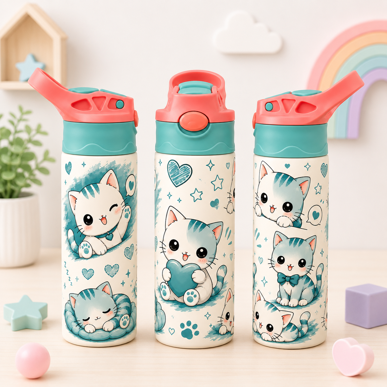 Bouteille Enfant Chats Kawaii – Adorable & Colorée | Les Créations Mystika