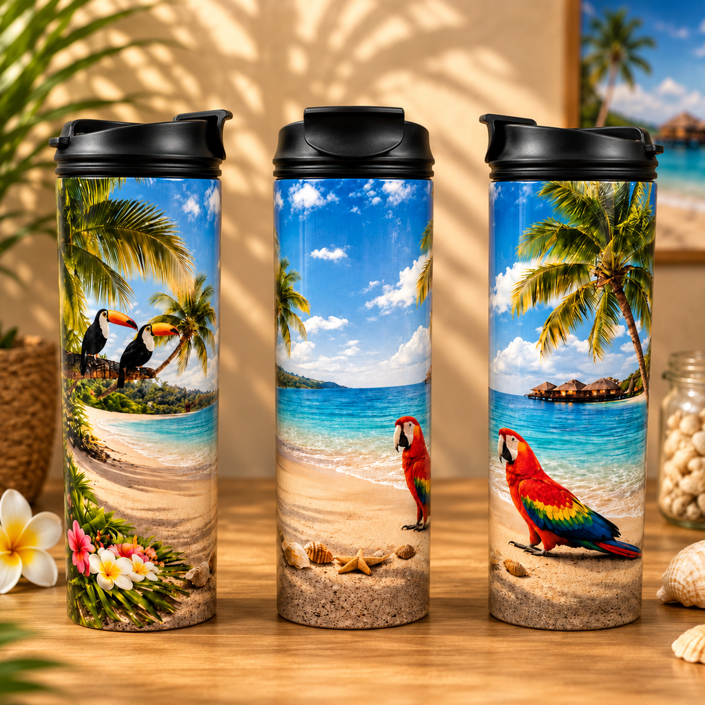Tasse Isotherme La Plage Exotique Bleue – Oiseaux Tropicaux et Mer Turquoise 20 oz | Les Créations Mystika