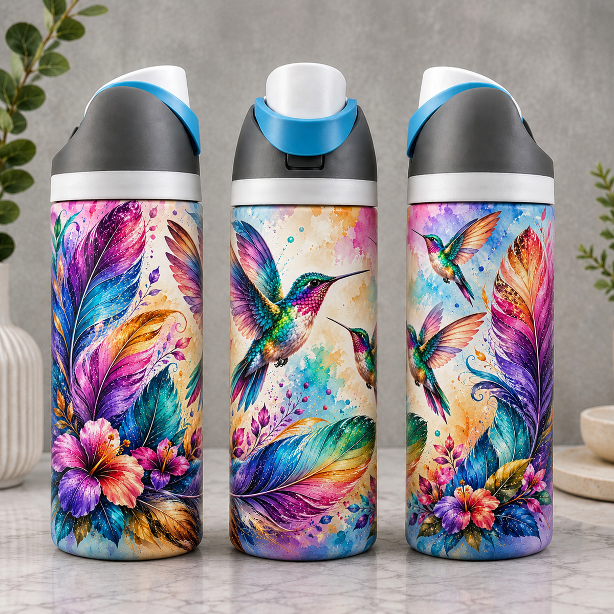 Bouteille Isotherme Colibris & Plumes Enchantées – Floral & Tropical | Les Créations Mystika