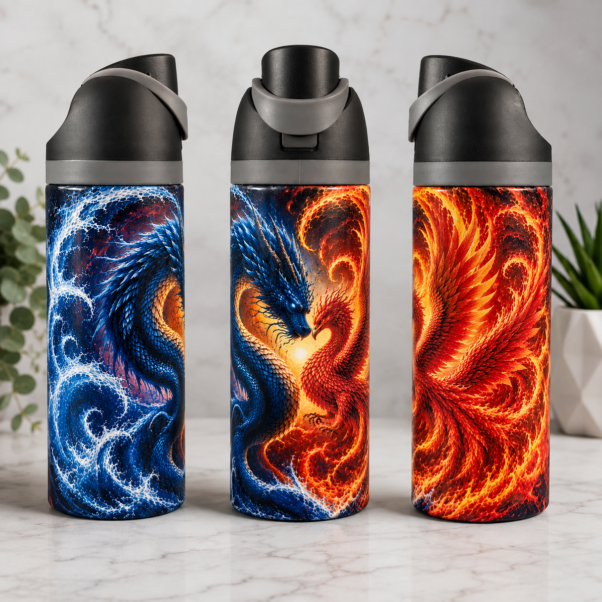 Bouteille isotherme Dragon & Phénix – Feu & Glace | Les Créations Mystika