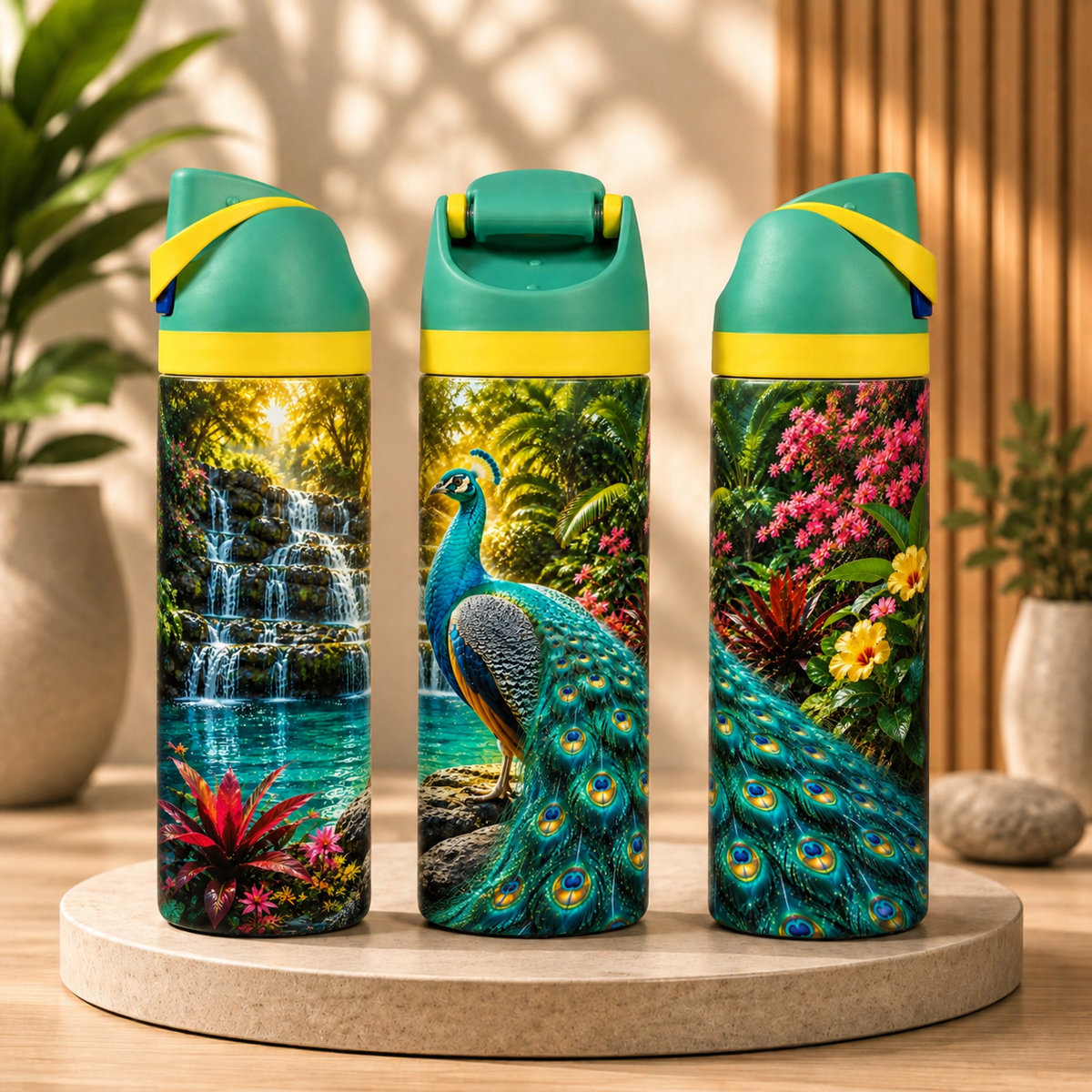 Bouteille Isotherme Paon Tropical – Jungle & Couleurs Éclatantes | Les Créations Mystika
