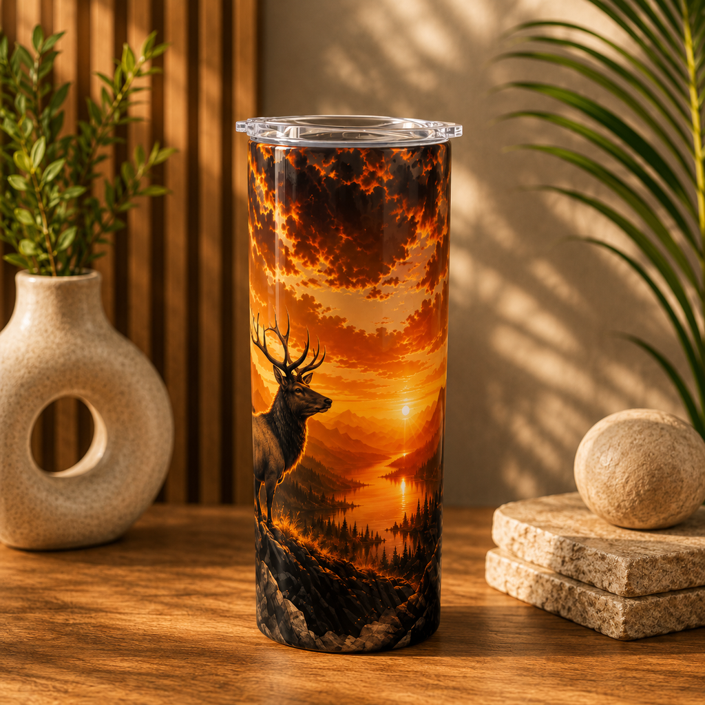 Tasse Isotherme Le Cerf et la Montagne – Coucher de Soleil Sauvage 20 oz | Les Créations Mystika