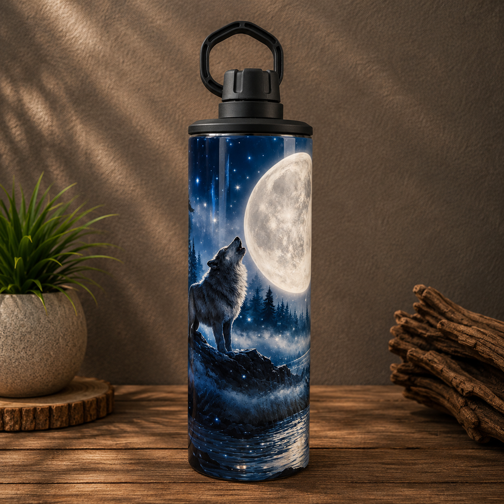Tasse Isotherme Les Loups sous la Pleine Lune – Nuit Mystique 20 oz | Les Créations Mystika