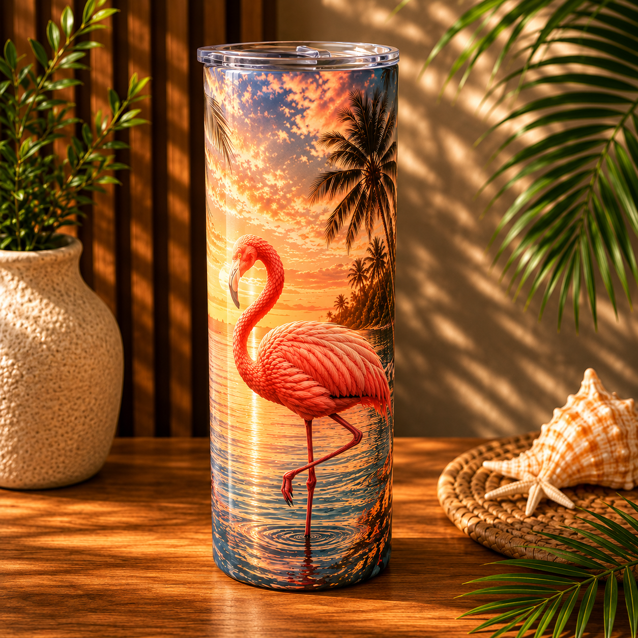 Tasse Isotherme Les Flamants Roses Tropicaux – Décor Exotique et Coucher de Soleil 20 oz | Les Créations Mystika