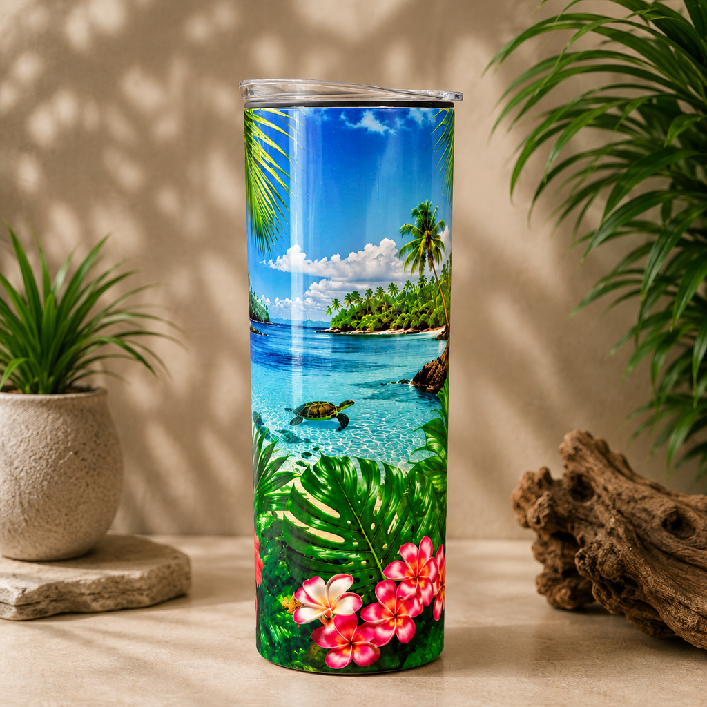 Tasse Isotherme La Tortue en Vacances – Évasion Tropicale et Lagon Turquoise 20 oz | Les Créations Mystika