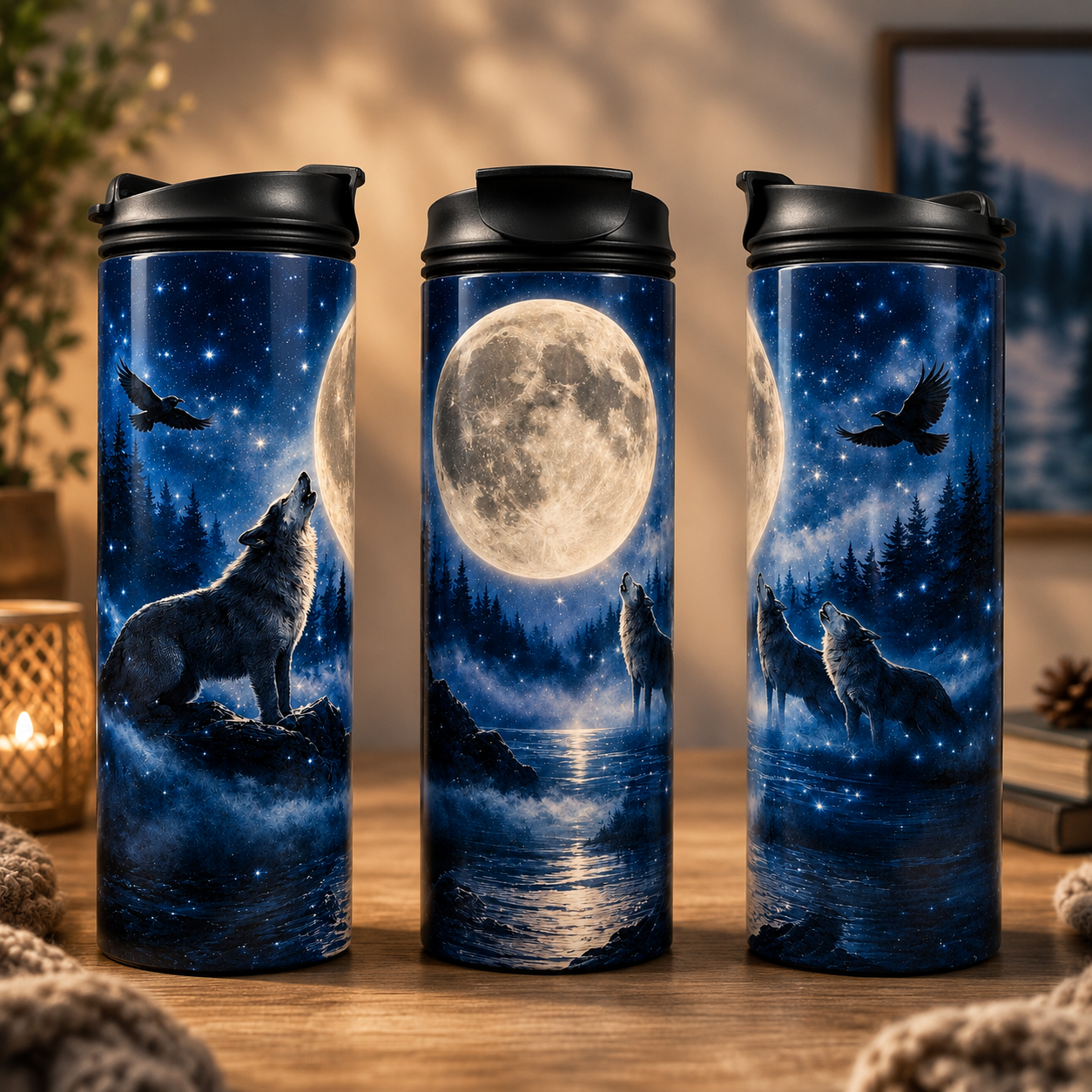 Tasse Isotherme Les Loups sous la Pleine Lune – Nuit Mystique 20 oz | Les Créations Mystika