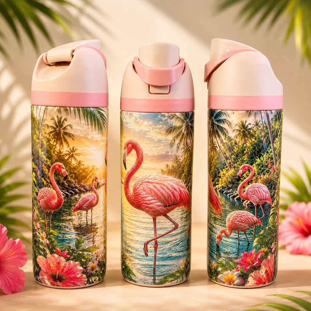 Bouteille Isotherme Flamants Roses Tropicaux – Exotique & Coloré | Les Créations Mystika