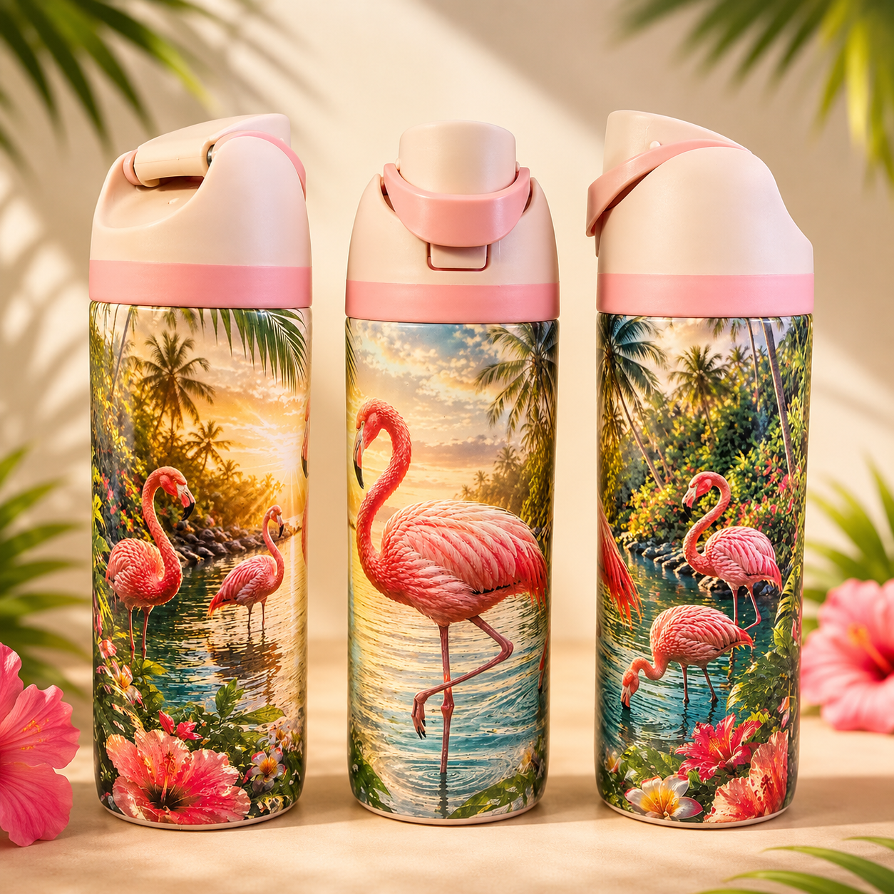 Bouteille Isotherme Flamants Roses Tropicaux – Exotique & Coloré | Les Créations Mystika