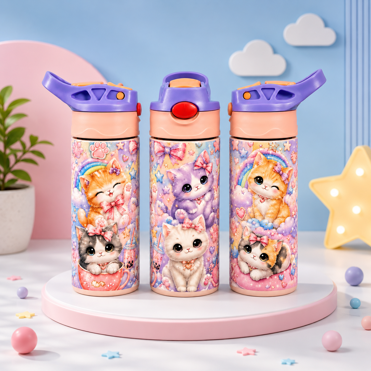 Bouteille Enfant Chatons Arc-en-Ciel – Les Chatons Heureux | Les Créations Mystika