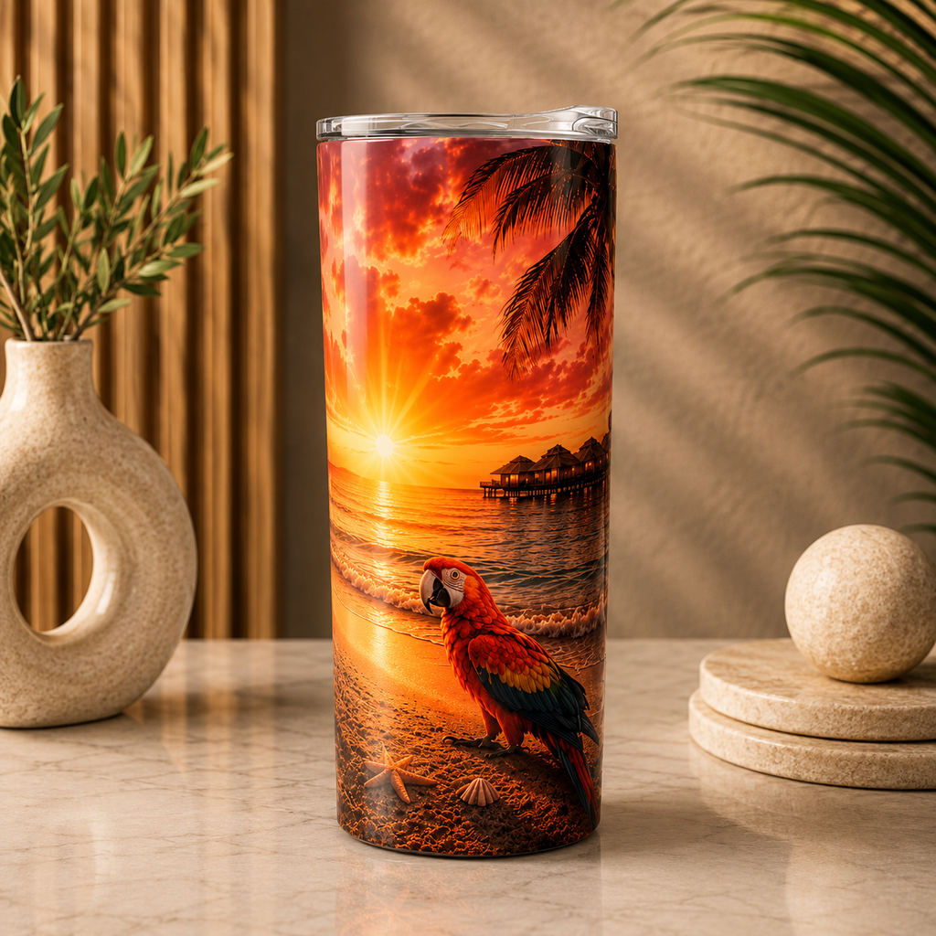 Tasse Isotherme La Plage Exotique Rosée – Coucher de Soleil Tropical 20 oz | Les Créations Mystika