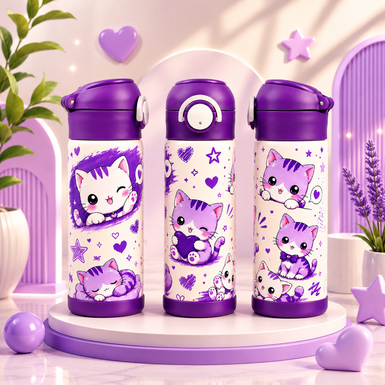 Bouteille Enfant Chats Kawaii 2 avec Paille – Colorée & Amusante | Les Créations Mystika