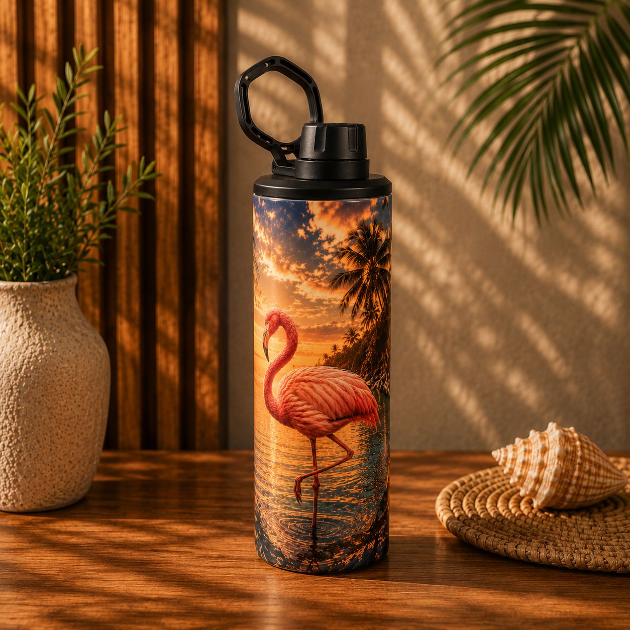 Tasse Isotherme Les Flamants Roses Tropicaux – Décor Exotique et Coucher de Soleil 20 oz | Les Créations Mystika