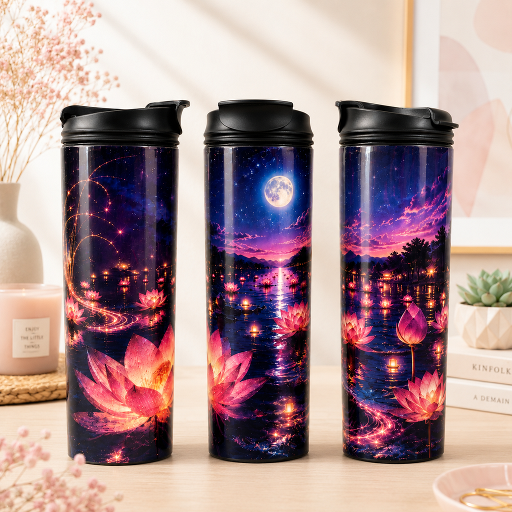 Tasse Isotherme Les Fleurs Enchantées roses et mauves – Fleurs Enchantées sous la Lune 20 oz | Les Créations Mystika