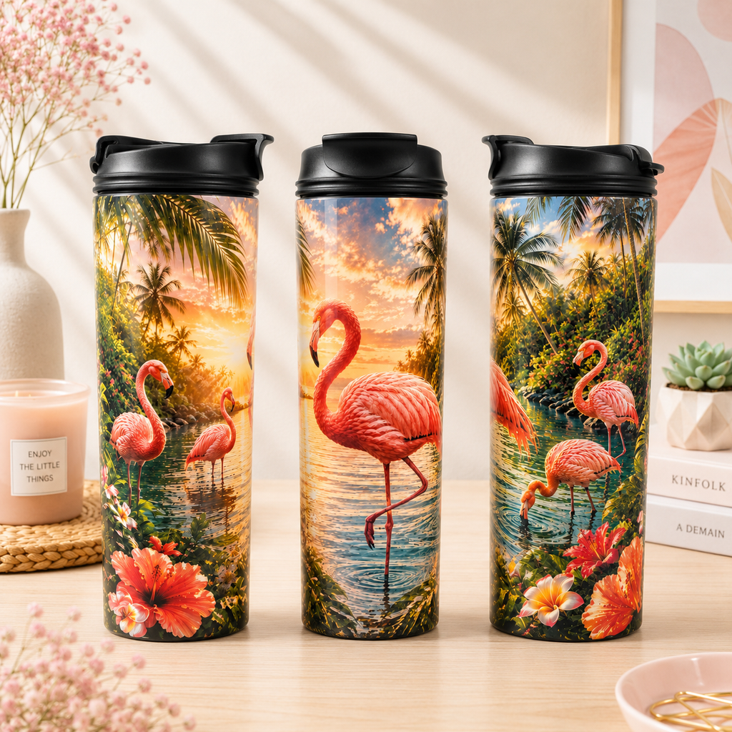 Tasse Isotherme Les Flamants Roses Tropicaux – Décor Exotique et Coucher de Soleil 20 oz | Les Créations Mystika