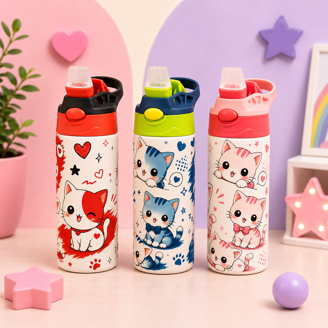 Bouteille Enfant Chats Kawaii – Adorable & Colorée | Les Créations Mystika
