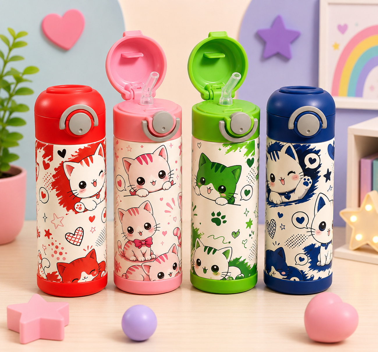 Bouteille Enfant Chats Kawaii 2 avec Paille – Colorée & Amusante | Les Créations Mystika