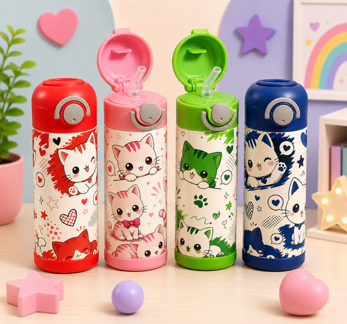 Bouteille Enfant Chats Kawaii 2 avec Paille – Colorée & Amusante | Les Créations Mystika