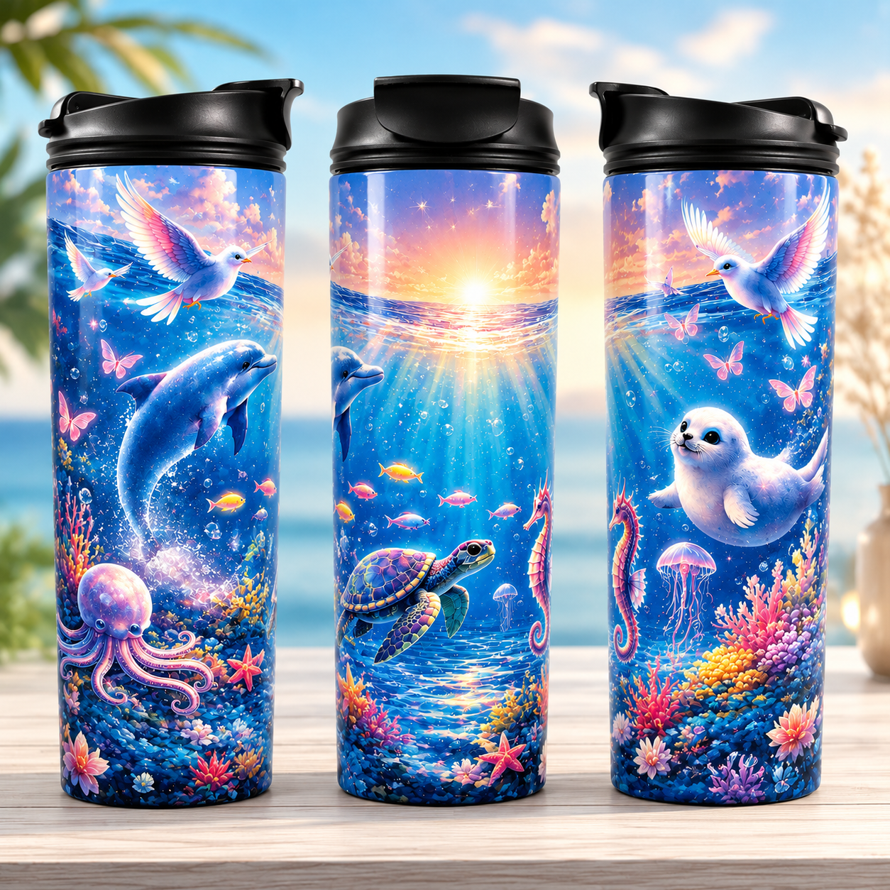 Tasse Isotherme Le Monde Marin Enchanté – Dauphins et Créatures des Profondeurs 20 oz | Les Créations Mystika