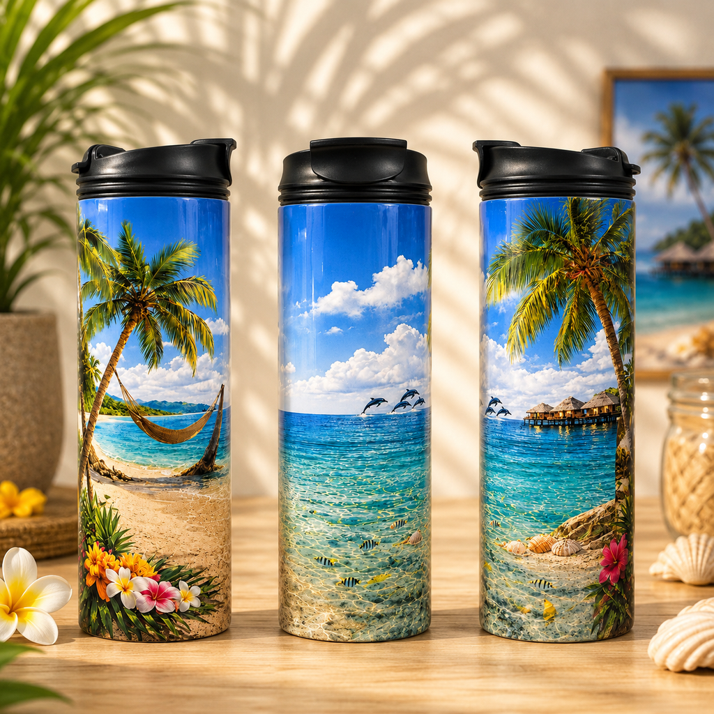 Tasse Isotherme Le Paradis Bleu – Plage Tropicale et Dauphins 20 oz | Les Créations Mystika